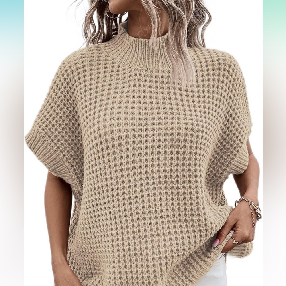 Beige Waffle Knit Short Sleeve Sweater Top - Women